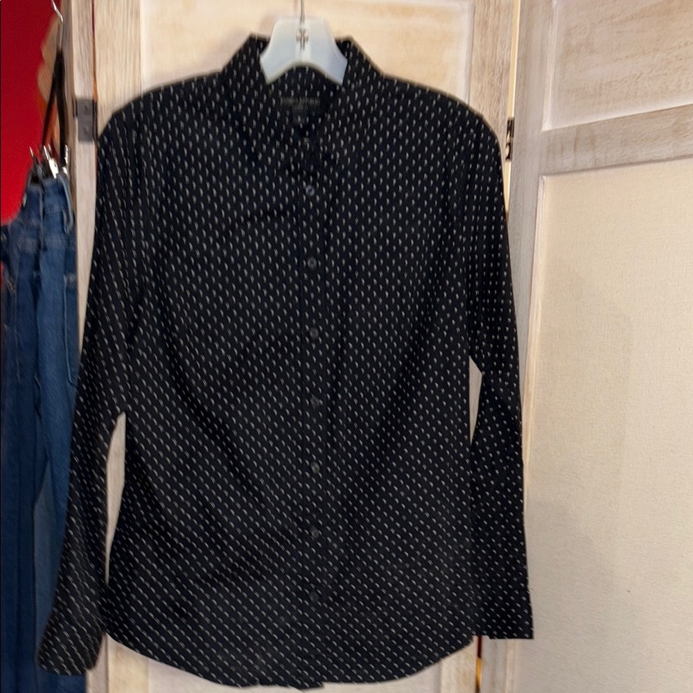 Banana Republic Black Button-Down Shirt with White Micro-Dot Pattern